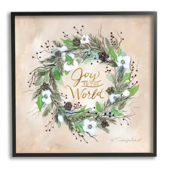 Stupell Industries Joy To The World Holiday Floral Wreath Framed Giclee Art Black {1}