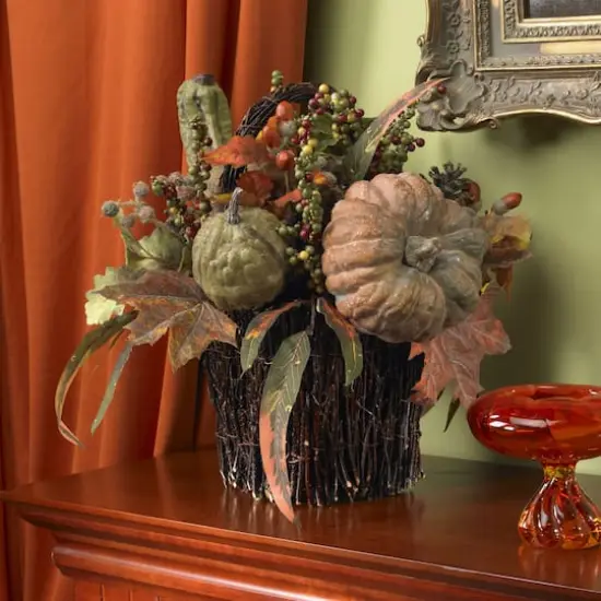 15" Green Fall Pumpkin & Berry Table Arrangement in Twig Base {4}