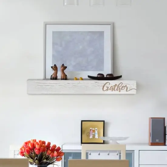 Whitewashed "Gather" Text Engraving Floating Wall Shelf {3}