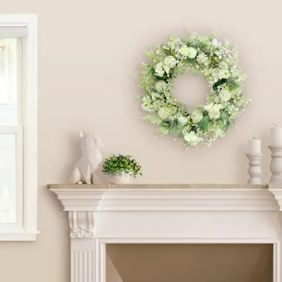 26" Artificial Echinops Chrysanthethemum & Daisy Floral Spring Wreath {3}