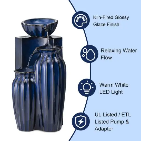 Glitzhome&reg; 26.75" 3-Tier LED Fluted Textured Ceramic Outdoor Floor Fountain Cobalt Blue {8}