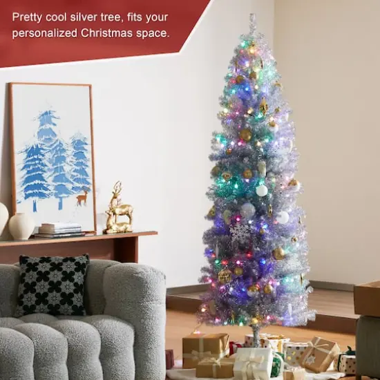 7.5ft. Unlit Silver Pencil Tinsel Artificial Christmas Tree {5}