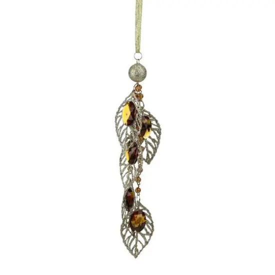 Glitter Gold Jeweled Leaf And Bead Pendant Ornament {1}