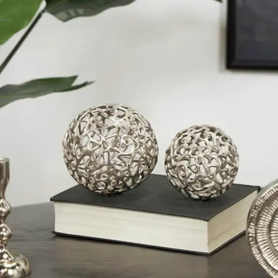 Open Lattice Work Aluminum Decorative Ball Orbs & Vase Filler Set Silver {3}