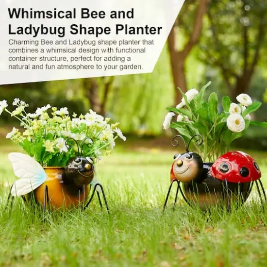 Glitzhome&reg; 10" Bee & Ladybug Metal Statue Planter Set {4}