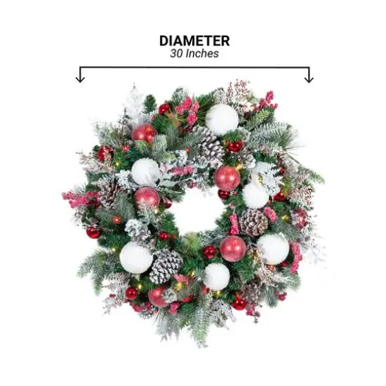 Village Lighting 30" Pre-Lit Frosted Wonderland Christmas Wreath, Red & Clear LED Lights {13}