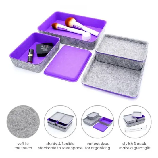 Welaxy Felt 3 Piece Drawer Organizer Bins with Lids Purple {4}