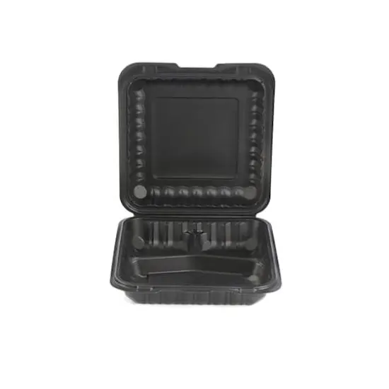 9" Black 3-Compartment Clamshell Take Out Containers, 150ct. {4}