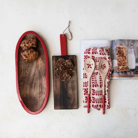 Hello Honey® 19.75" Hand-Carved Mango Wood Oval Tray with Red Enameled Edge {3}