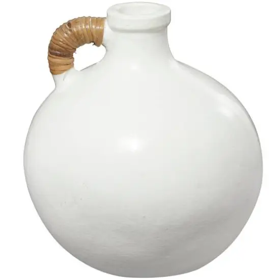 13" White Ceramic Jug Inspired Vase with Rattan Wrapped Handle {5}