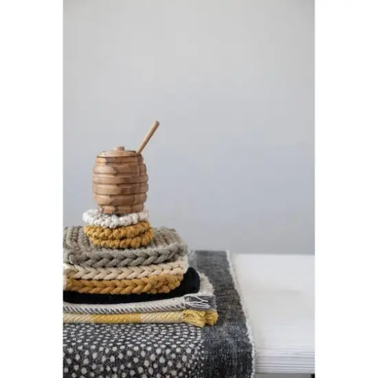 Hello Honey® 8" Black, Gray, Cream & Yellow Square Cotton Crocheted Pot Holder Set {4}
