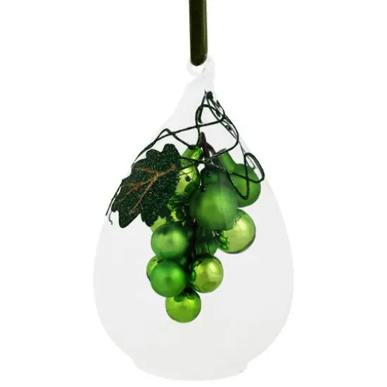 Green Grape Cluster in Glass Cloche Teardrop Ornament {1}