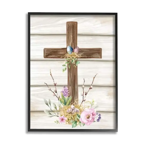 Stupell Industries Spiritual Easter Cross Spring Blossoms Framed Giclee Art Black {1}