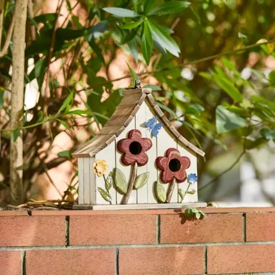 Glitzhome&reg; 10.5" White Distressed Wood Birdhouse with Flowers {7}