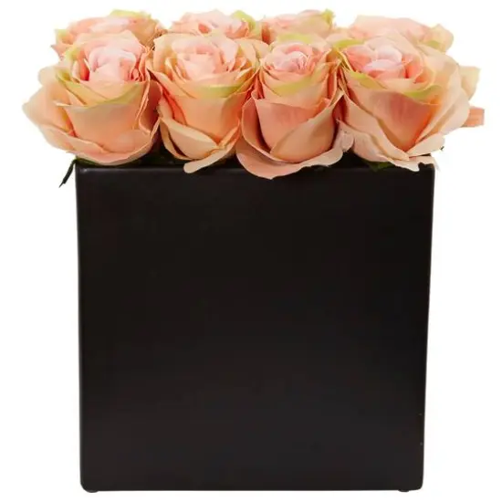 Rose Arrangement In Black Square Vase Peach {1}