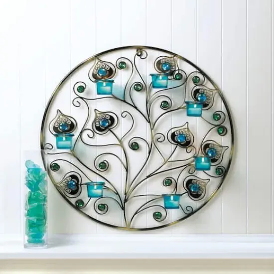 23'' Peacock Plumes Circular Candle Wall Sconce {4}