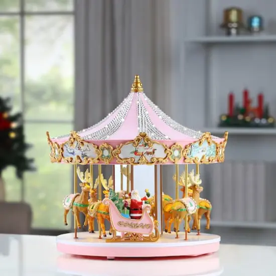 12" Animated & Musical Pink Crystal Carousel {3}
