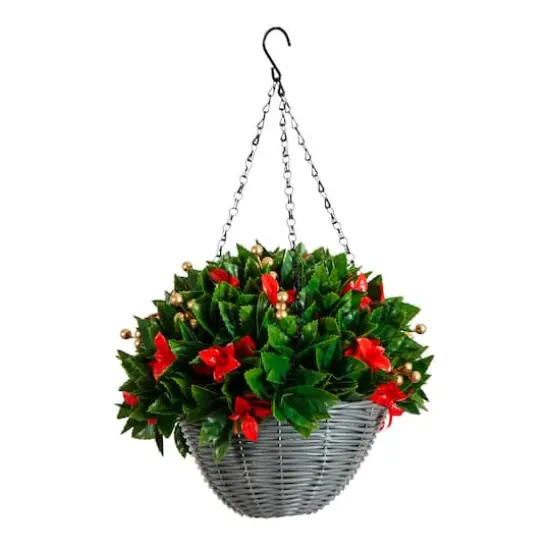 24in. Pre-Lit UV Resistant Artificial Red Tip Photinia & Gold Berries Christmas Hanging Basket with 34 Warm White LED Lights (Indoor/Outdoor) {1}