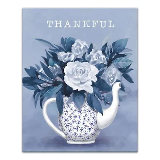 Thankful Teapot With Flowers Canvas Wall Art {1}