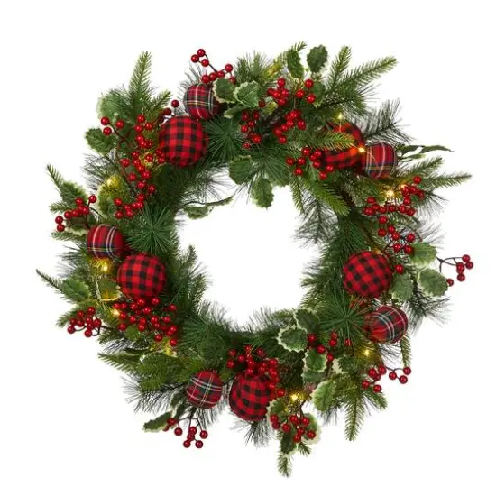 Glitzhome&reg; 24" Pre-Lit Ornament, Berry, Holly & Pine Wreath {1}