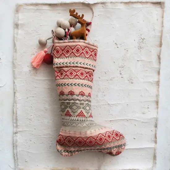 Hello Honey&reg; 20" Woven Acrylic Jacquard Stocking with Pattern, Metallic Gold Thread Embroidery, Tassel & Pom Pom {3}