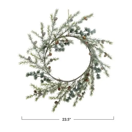 Hello Honey&reg; 23.5" Green Round Faux Spruce Wreath with Natural Pinecones & Frost Finish {4}