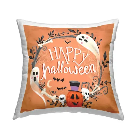 Stupell Industries Orange Happy Halloween Ghosts Wreath Throw Pillow {1}