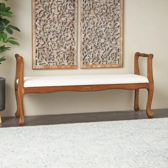 55" Cream Fabric Arm Bench with Brown Traditional Wood Turned Legs {9}