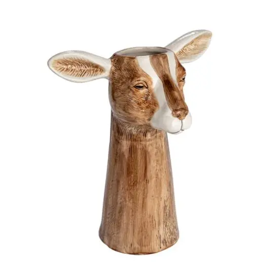 Hello Honey&reg; 11" Brown & White Hand-Painted Decorative Stoneware Goat Vase {1}