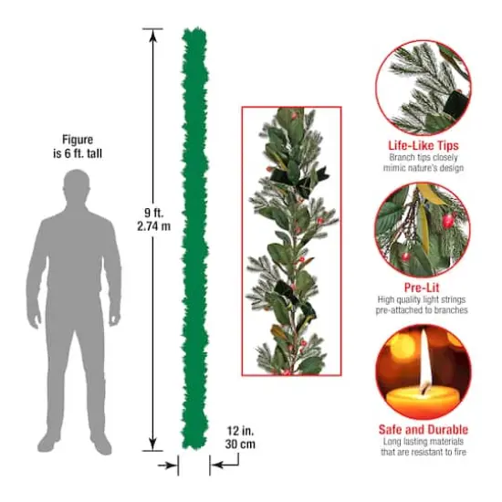 9ft. Magnolia Mix Pine Garland with LED Lights & Bows {8}