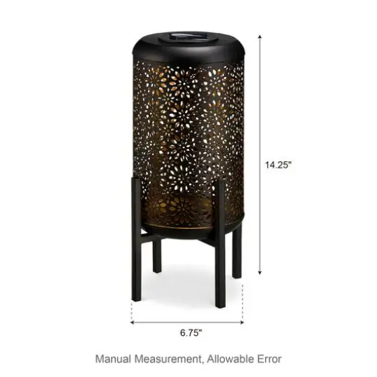 Glitzhome&reg; 14.25" Black Metal Cutout Flower Pattern Solar Powered LED Outdoor Lantern {9}