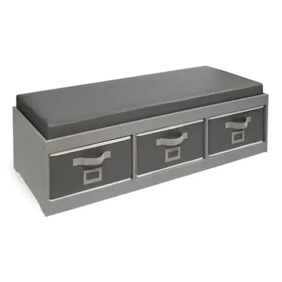 Badger Basket Kid's Cushioned Storage Bench With Three Bins Gray {1}