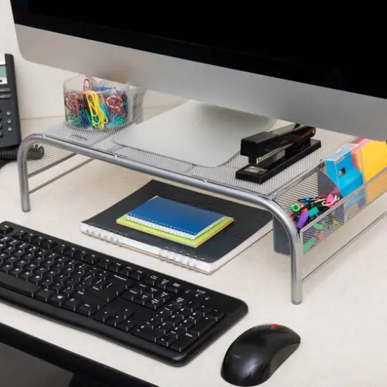 Mind Reader Silver Metal Mesh Monitor Stand with 2 Storage Compartments {7}