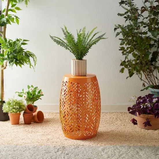 Glitzhome&reg; 18.25" Multifunctional Solar Powdered Iron Leaf Cutout Garden Stool Orange {5}