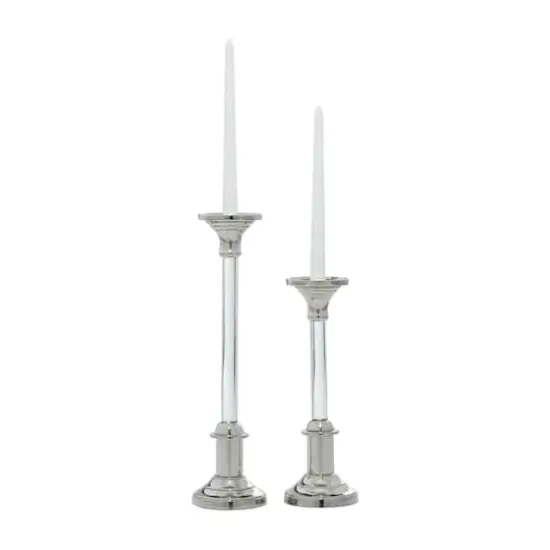 Set of 2 Silver Aluminum Glam Candle Holder, 12", 16" {1}