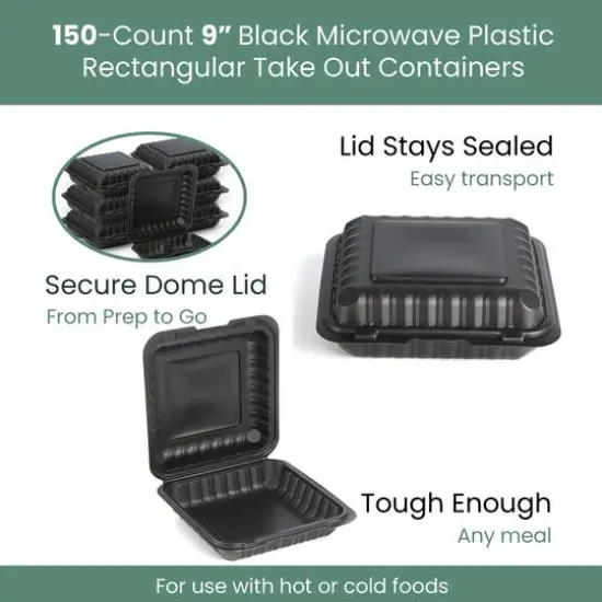 9" Black Single-Compartment Clamshell Take Out Containers, 150ct. {9}