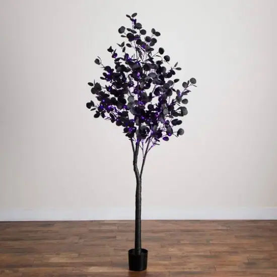7ft. Pre-Lit Artificial Halloween Black Eucalyptus Tree with 420 Orange & Purple LED Lights {9}