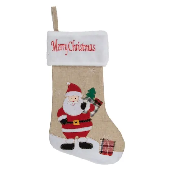 19" Beige & Red Burlap Santa Christmas Stocking {1}