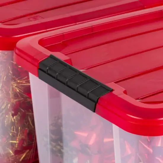 IRIS&reg; 20.5qt. Clear Holiday Storage Boxes with Red Buckle Lids, 4ct. {4}