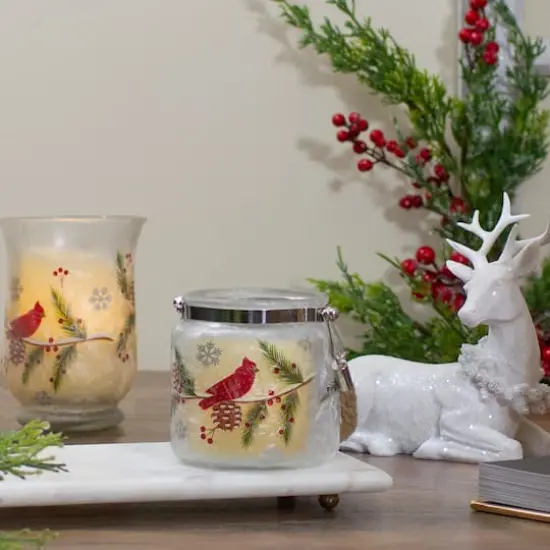 4" Hand Painted Christmas Cardinal & Pine Flameless Glass Christmas Candle Holder {3}