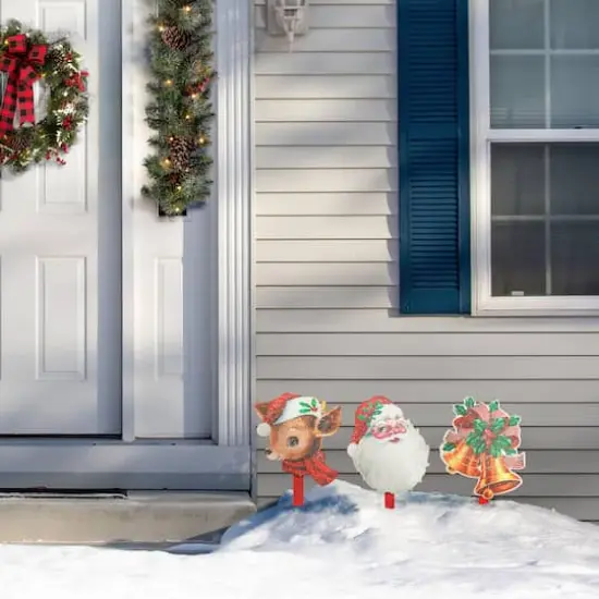 Glitzhome&reg; Wooden Glitter Santa, Bell & Reindeer Yard Stake Set {4}