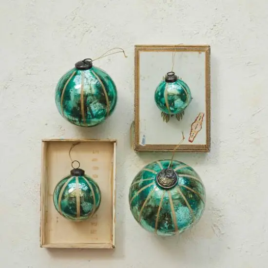 Hello Honey&reg; 6" Turquoise Glass Ball Ornament with Embedded Eucalyptus Leaves {3}