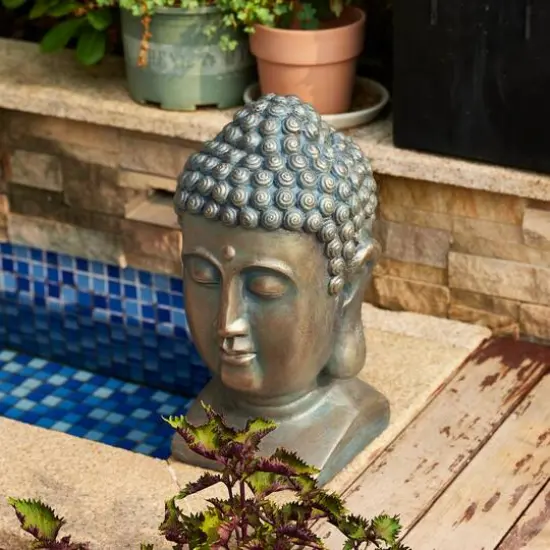 Glitzhome&reg; 16" Faux Bronze Buddha Head Garden Statue {7}