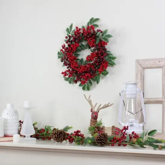18" Red Berries & Two-Tone Green Leaves Artificial Wreath, Unlit {6}