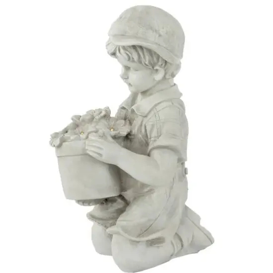 15" Solar LED-Lit Boy with Flowers Outdoor Garden Statue {5}