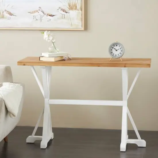 47" White Wood Living Room Console Table with Angled Legs & Brown Tabletop {9}