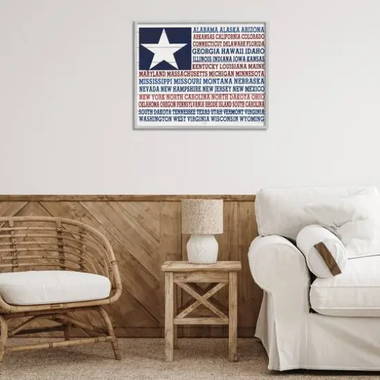 Stupell Industries U.S.A. Star Patriot Flag Listed State Typography Sign Framed Giclee Art Gray {3}