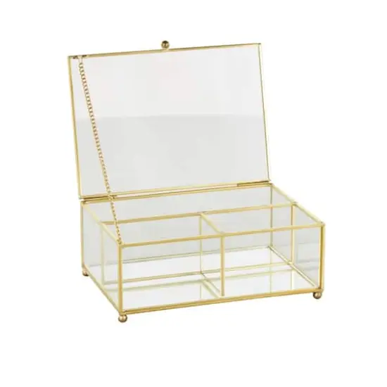 7" x 5" x 3" Clear & Gold 3-Slot Glass & Metal Jewelry Box with Chain Accent {4}