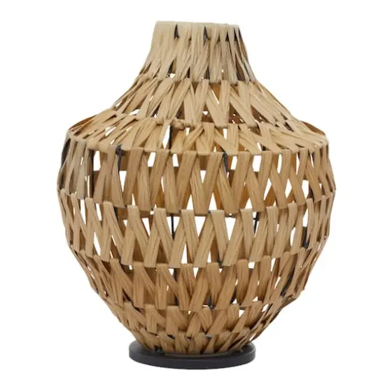 Brown Plastic Rattan Handmade Woven Vase with Black Metal Base 14" x 14" x 17" {1}
