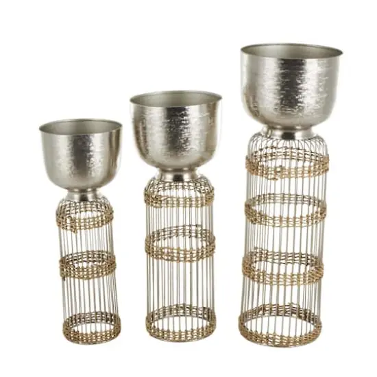 Silver Textured Rounded Dome Metal Planter Set {3}